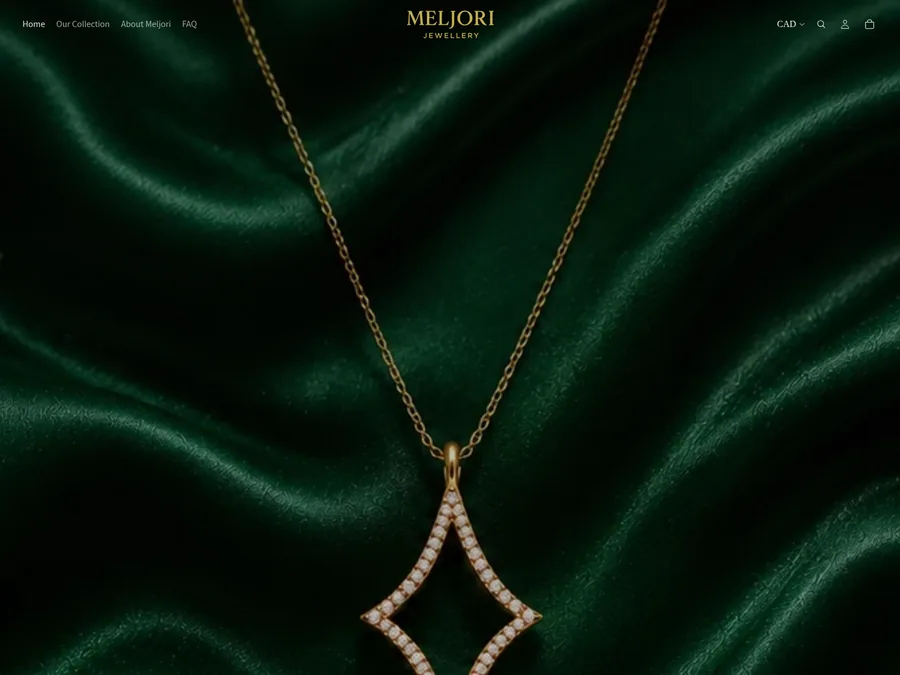 Screenshot of the Meljori Jewellery homepage showing the studio name above the current collection.