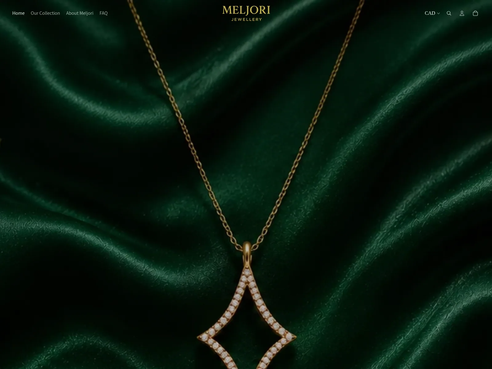 Screenshot of the Meljori Jewellery homepage showing the studio name above the current collection.