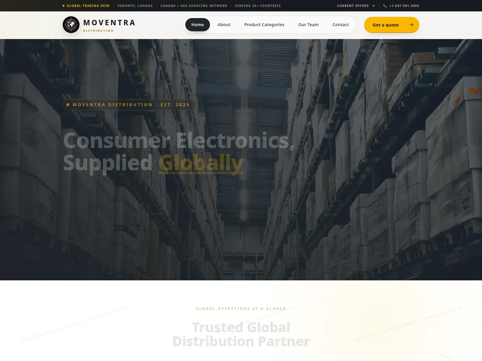 Screenshot of the Moventra Distribution homepage, headed Seamless Supply, Superior Service.